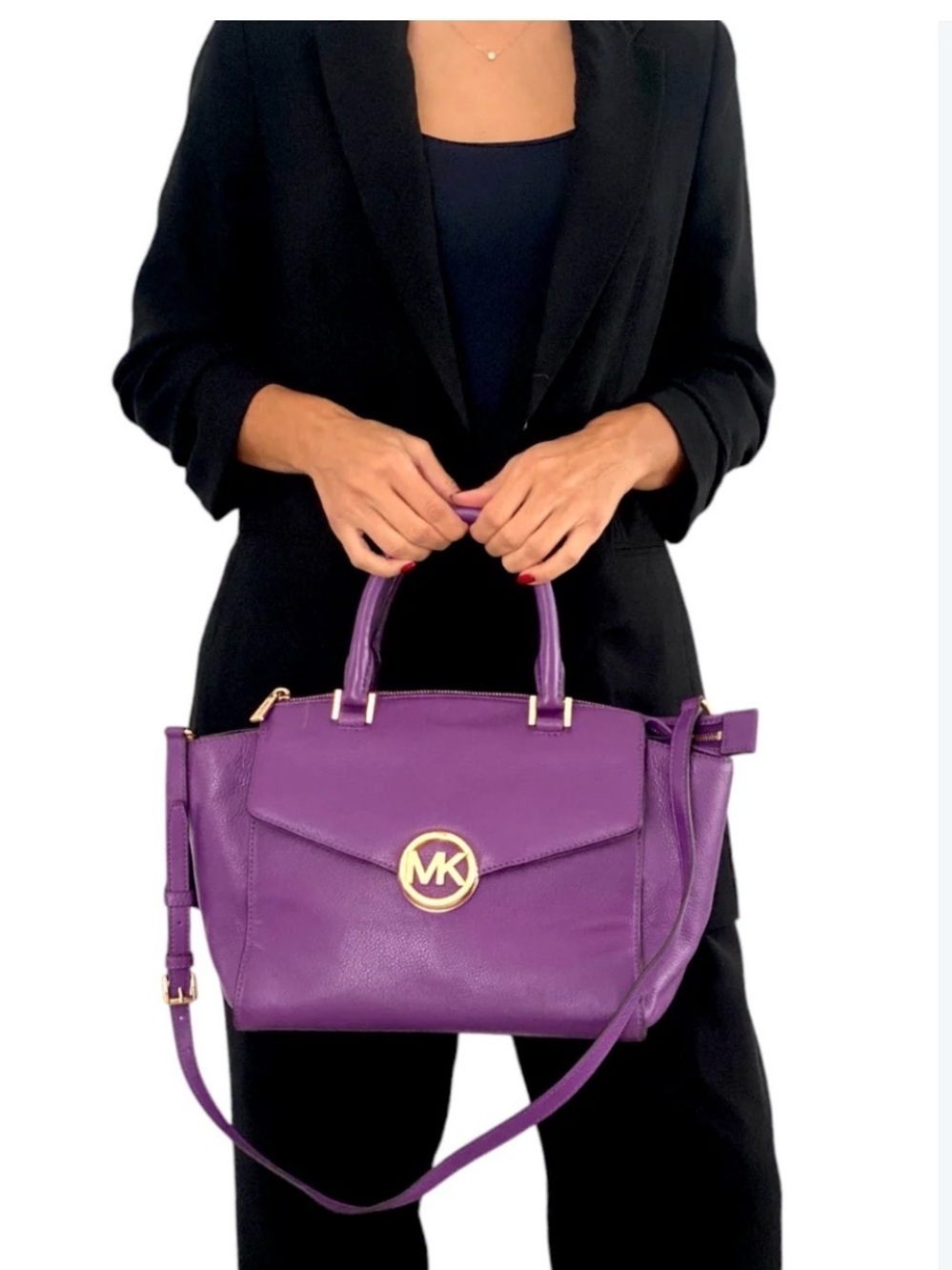 Michael Kors Purple Pebbled Leather Crossbody and Satchel Bag with Gold MK Logo